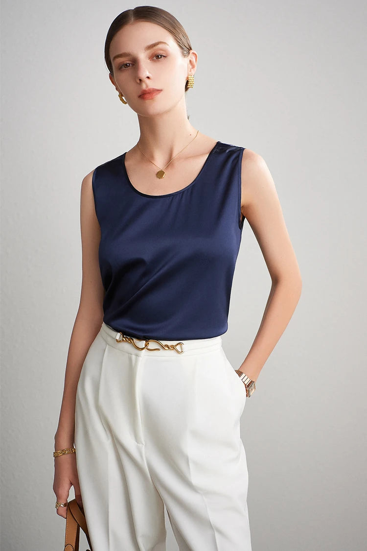 SuyaDream. Débardeur basique confortable pour femmes, 100% soie véritable, t-shirt Chic sans manches à col rond, gilets d'été solides 2025, blanc, rose, Beige