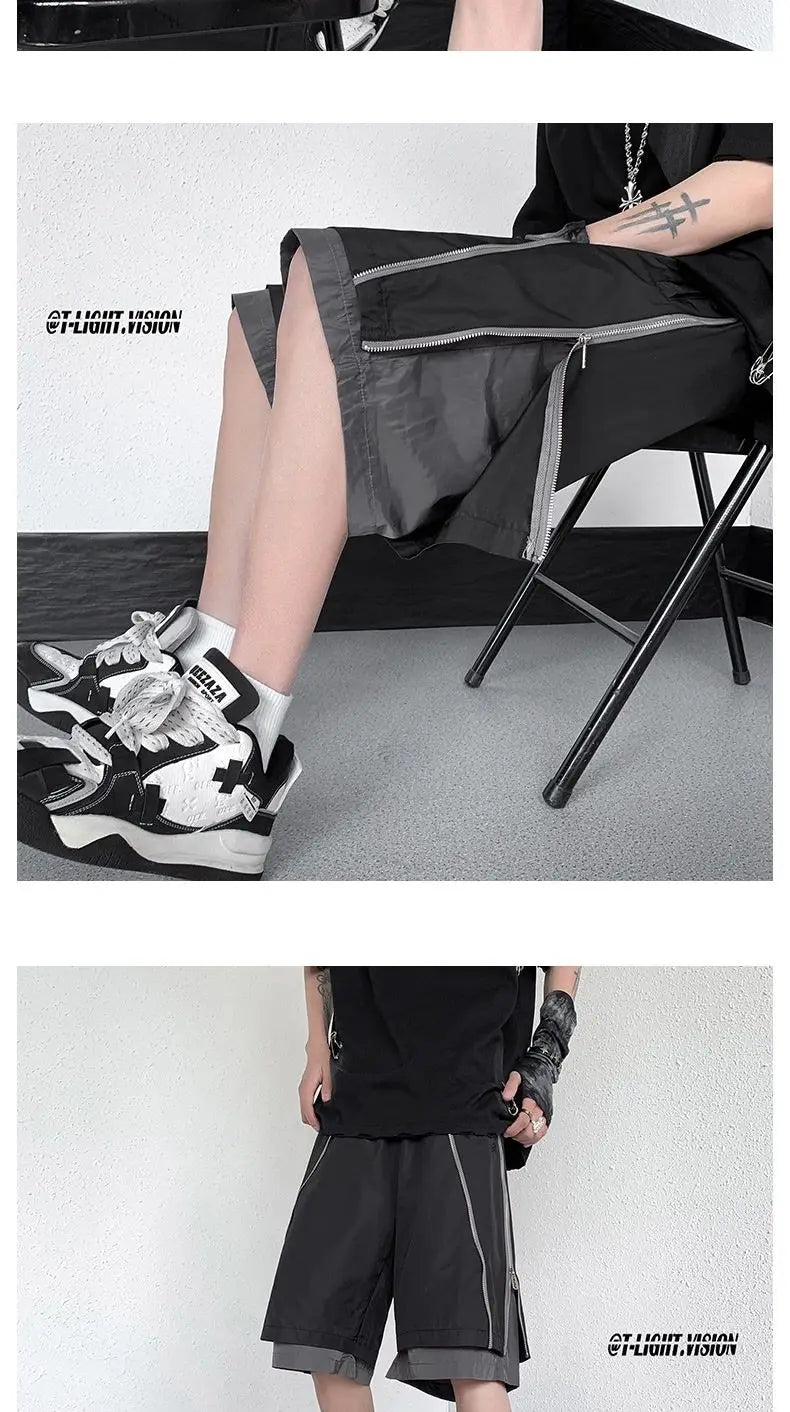 American Functional Shorts Men's Summer Design Fake Two-piece Zippered Trousers Loose Casual Pants