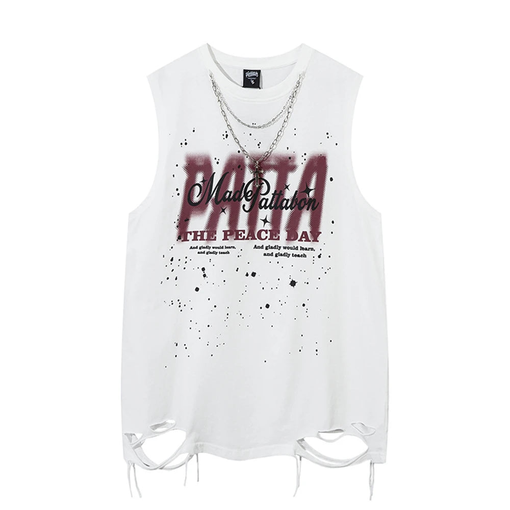 Hip Hop Tank Tops Men's Vintage Letter Graphic Sleeveless T-Shirt Streetwear Hole Harajuku Dancing Breathable Tops with Necklace