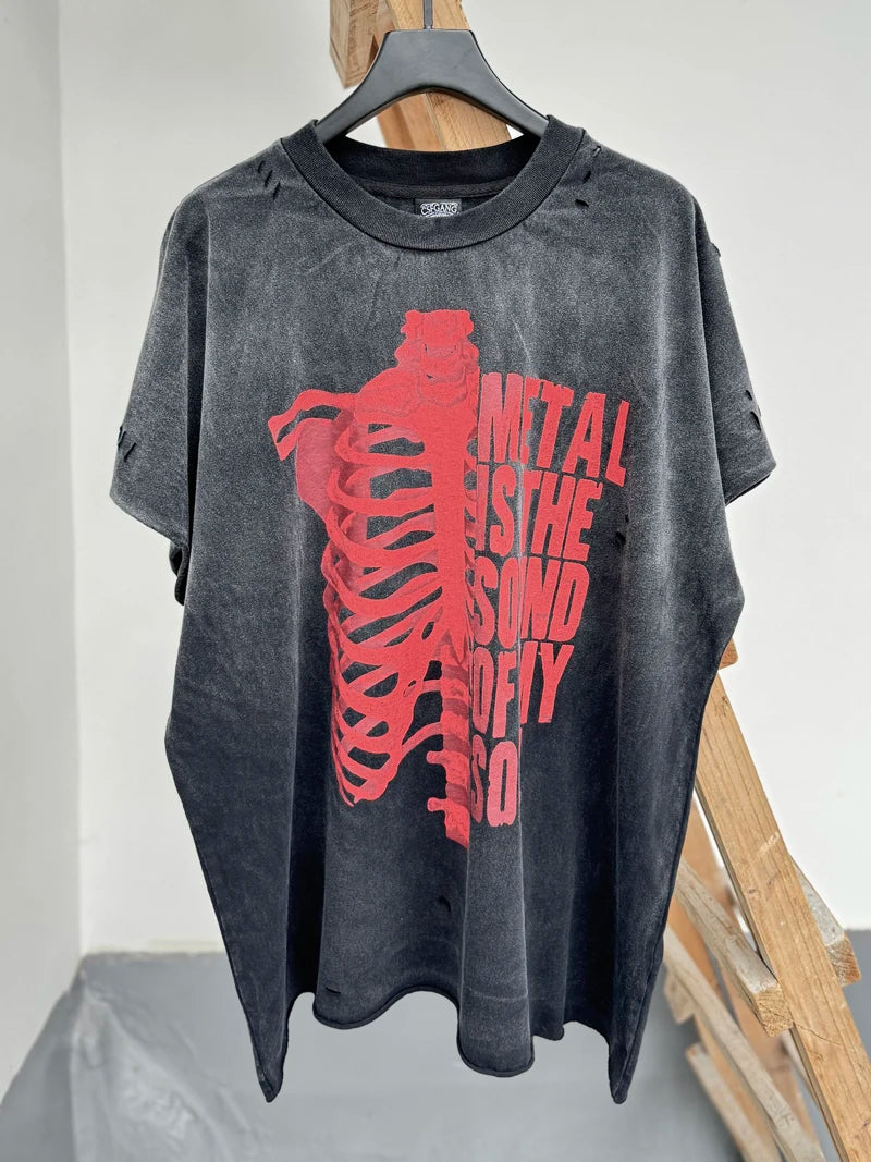 Half Red Skeletons Bone Print Box Tee Hole Damaged Tank Tops T-shirt Men Women Classic Text Graphic Short Sleeve T Shirt Clothes