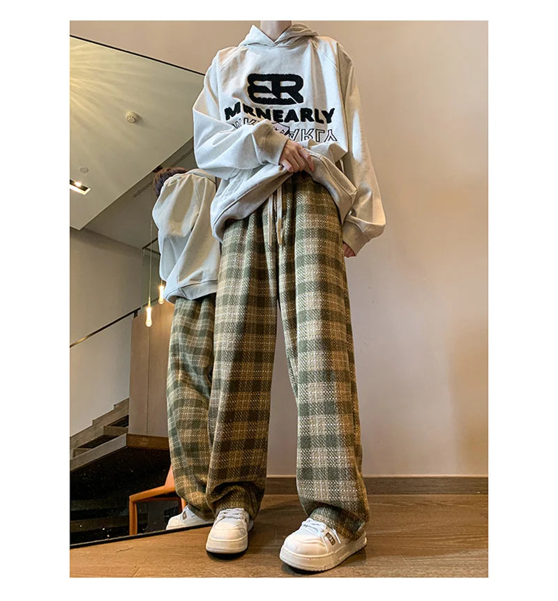 New Y2K Vintage Plaid Baggy Pants Men's High Street Woolen Straight-leg Trousers Autumn Korean Fashion Hip Hop pantalones hombre