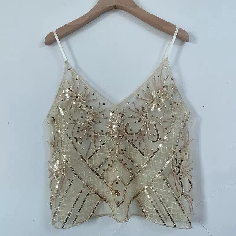 Y2k Sequined Crop Tops Women Sexy Bead Work Mesh Tops Women Pink Sparkle Tanks Tops Femme Party Clubwear