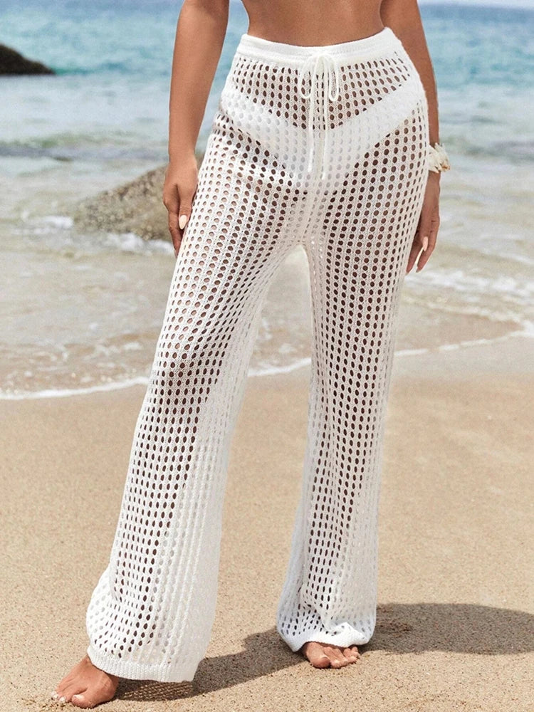 Knitted wide pants with casual solid color hollow out, fashionable, elegant and comfortable drawstring for women