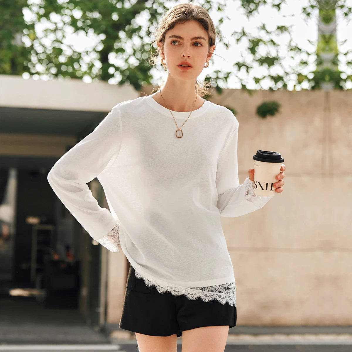 OLrain Cotton White T-shirt Women 2025 Autumn Casual Loose Tee Shirt Crewneck Lace Long Sleeve Tops Woman Clothing N57CT95669