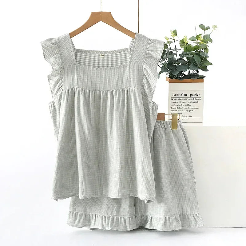 Newest Summer Cotton Double-layer Gauze Women's Pajamas Thin Sleeveless Vest Style Tops with Shorts Home Outfit Set