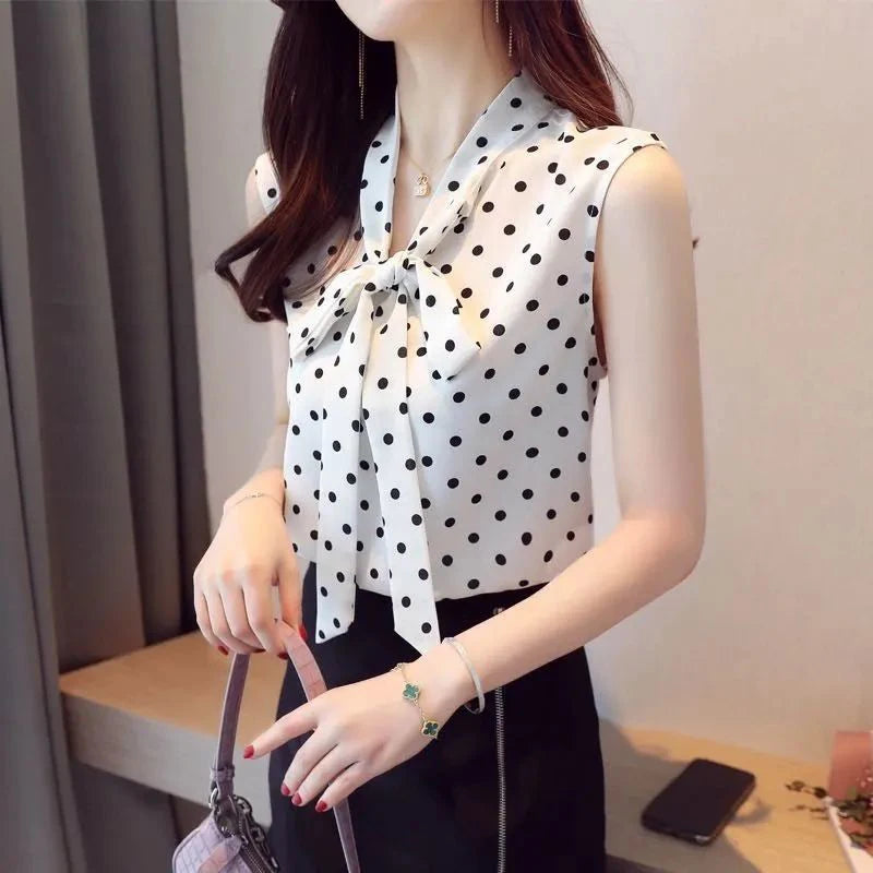 New Summer Office Lady Elegant Fashion Polka Dot Print Bow Lace Up Loose Chiffon Tank Top Shirt Sleeveless Casual Blouses