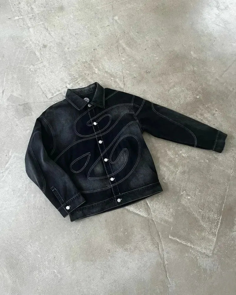 Patch Jeans Retro Striped Embroidered Jacket Two-Piece Set Y2k Suit Men's Harajuku hiphop Embroidered Loose Jeans Old Jacket