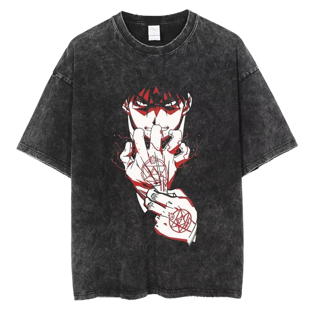 Anime Hellsing Alucard Graphic T Shirt Men Vintage Washed Manga T-shirts Short Sleeve Street Harajuku Casual Cotton Male Tops