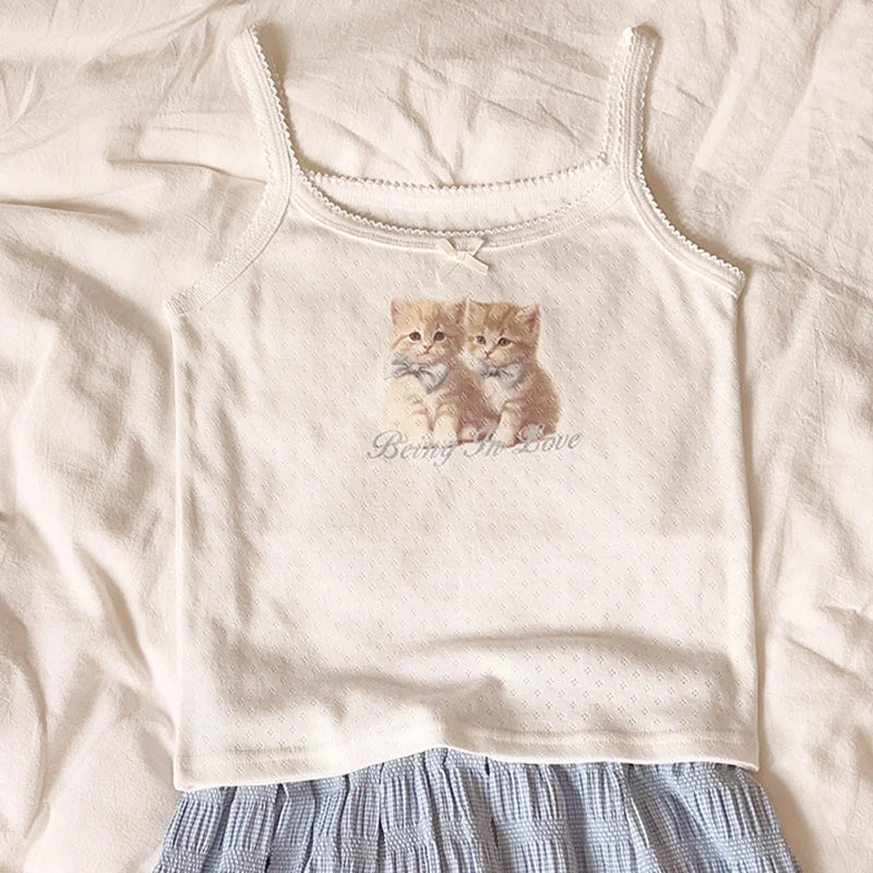 Cute Tops Women Summer Cotton Camis Pink Bow Print Knitted Crop Top for Sweet Girl Lolita Style Kawaii Clothes
