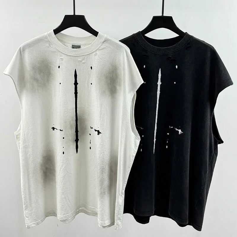 Red Skull Finger Print Damaged Hole Saint Tank Tee Men Women Streetwear Oversized Vest Vintage Washe Black Sleeveless T Shirt