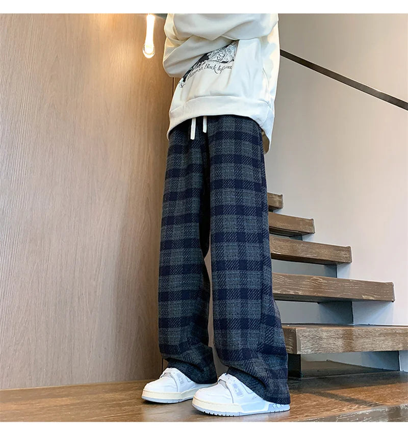 New Y2K Vintage Plaid Baggy Pants Men's High Street Woolen Straight-leg Trousers Autumn Korean Fashion Hip Hop pantalones hombre