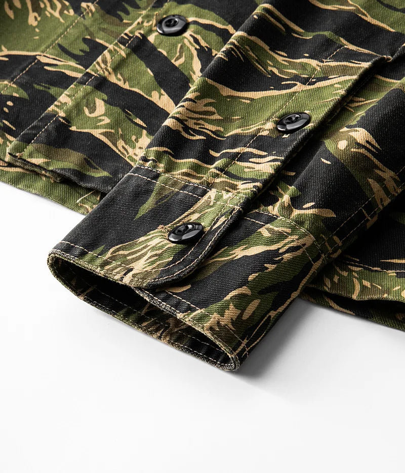 2025 Spring Men's Tiger Stripe Camo Camouflage Cargo Shirt Fashion Work Engineer Long Sleeved Shirt Jacket With Double Pockets