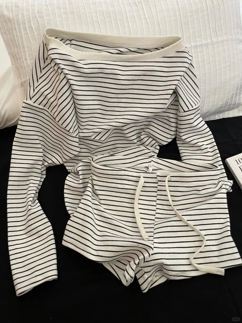 Striped Sleepwear Women Pajama Shorts Sets Long Sleeve Piiama Casual 2 Pieces Night Wears Summer Korean Casual Home Suit 2025