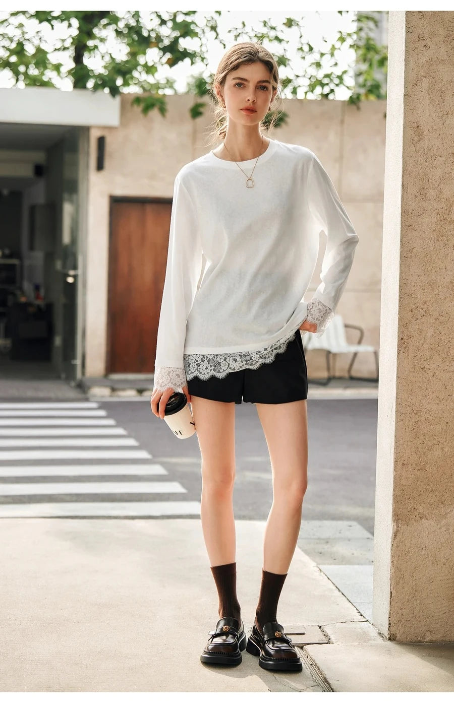 OLrain Cotton White T-shirt Women 2025 Autumn Casual Loose Tee Shirt Crewneck Lace Long Sleeve Tops Woman Clothing N57CT95669