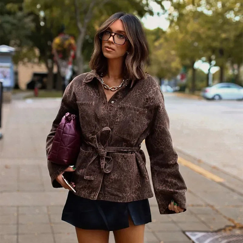 Leopard Printed Denim Single Breasted Belt Women's Coat Fashion Lapel Long Sleeve Short Jacket Fall New Lady Highstreet Outwear