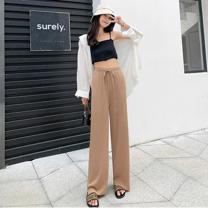 2025 Summer Thin Ice Silk Wide Leg Pants Women's Fashion Trendy Brand High Waist Comfortable Casual Loose Large Pants