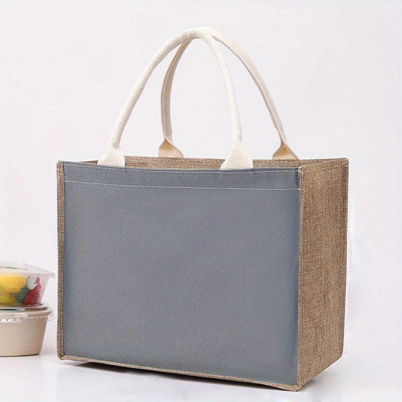 Simple solid color large capacity women's handbag reusable imitation linen zipper handbag commuting bag shopping bag