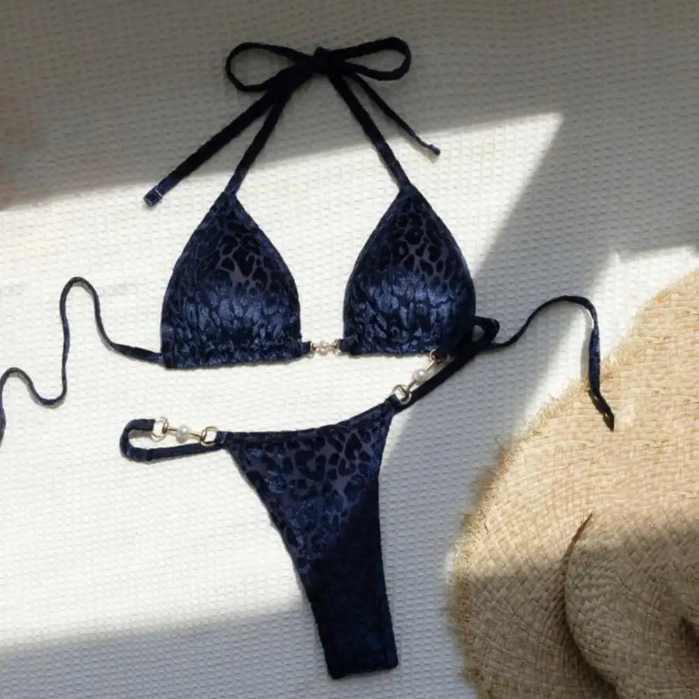2Pcs/Set Women Bikini Set Leopard Print Halter Bra Faux Pearls Briefs Set Quick Drying Two-piece Lady Swimsuit Beachwear