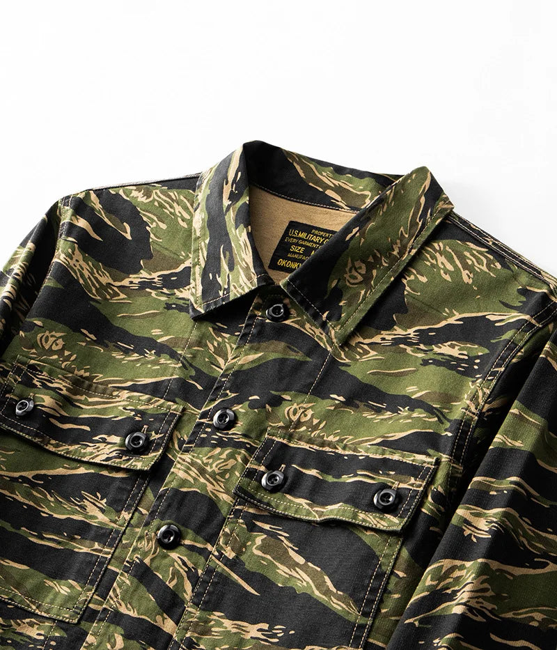 2025 Spring Men's Tiger Stripe Camo Camouflage Cargo Shirt Fashion Work Engineer Long Sleeved Shirt Jacket With Double Pockets