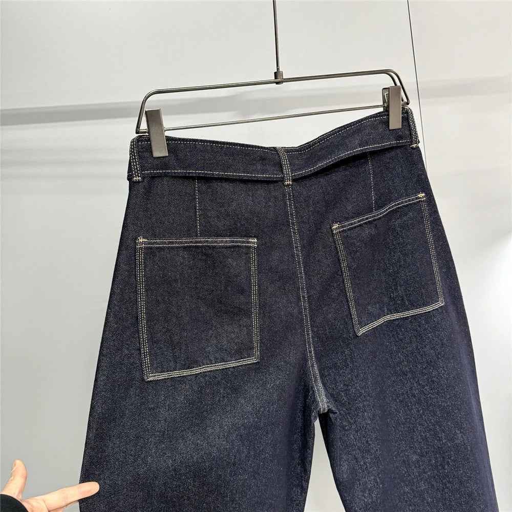 Mens American High Street Baggy Jeans Navy Blue Premium Denim Wide Leg Straight Loose Fit Korean Streetwear Trendy Pants Male