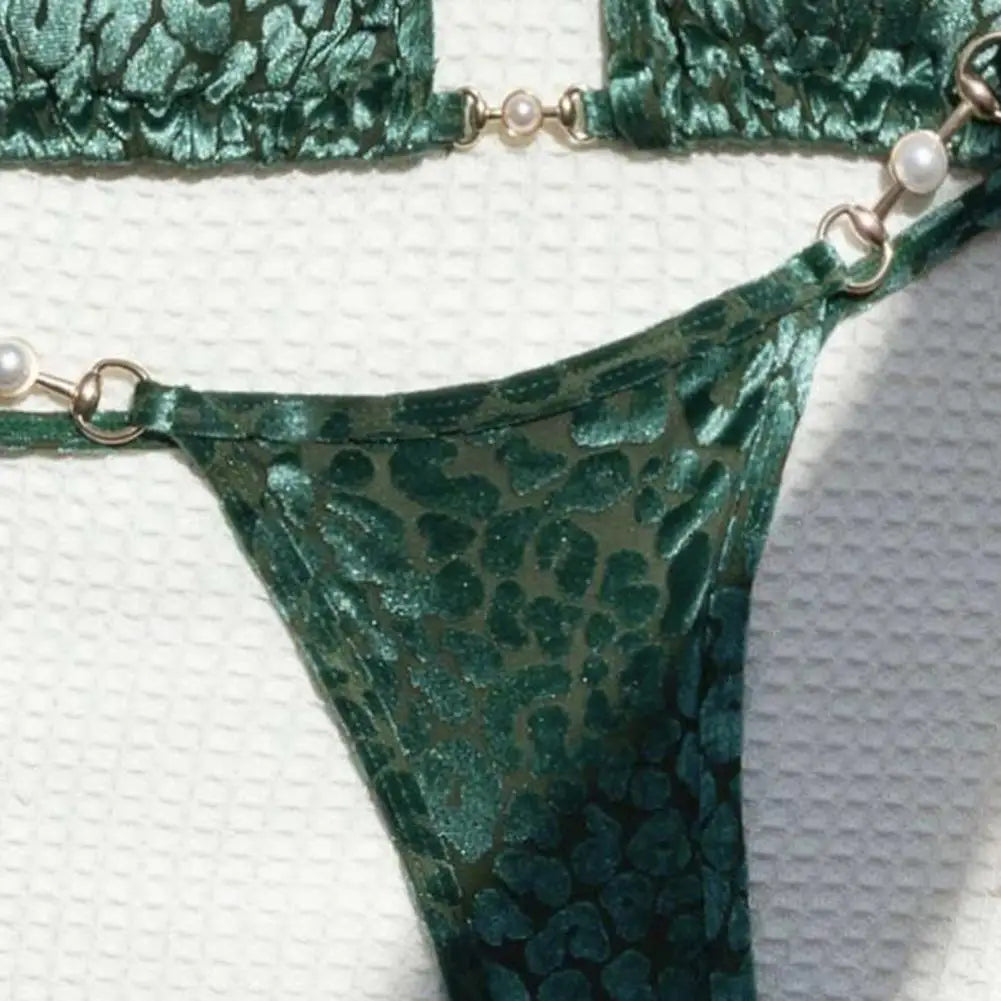 2Pcs/Set Women Bikini Set Leopard Print Halter Bra Faux Pearls Briefs Set Quick Drying Two-piece Lady Swimsuit Beachwear