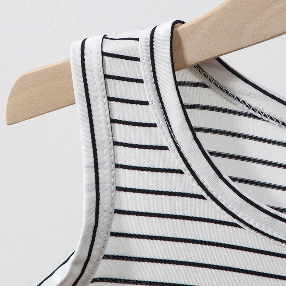 2-Pcs Children's Four Seasons Black And White Striped Vest Boy Leisure Sports Running Top Girl Basic Joker Fashion Bottoming Shi