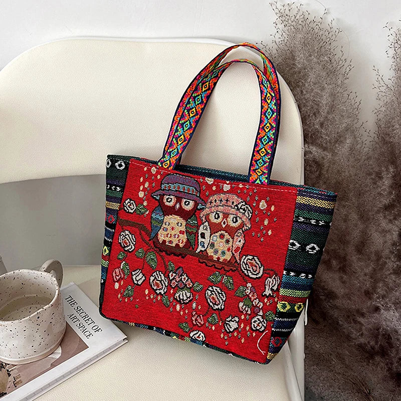 Animal Ethnic Style Handbag Trendy Elephant Embroidery Handbag Owl Canvas Women Shoulder Bags Women Tote Bag