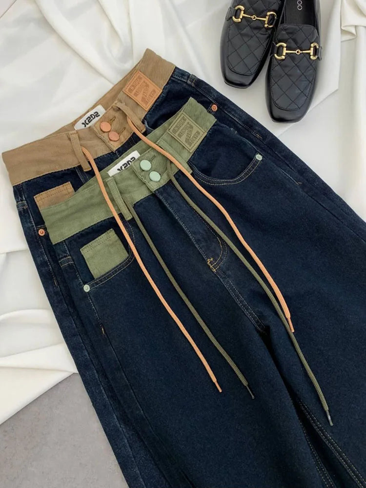 Korean Design Drawstring Baggy Straight Jeans Women Vintage Casual High Waist Wide Leg  Denim Pants Streetwear Loose Vaqueros