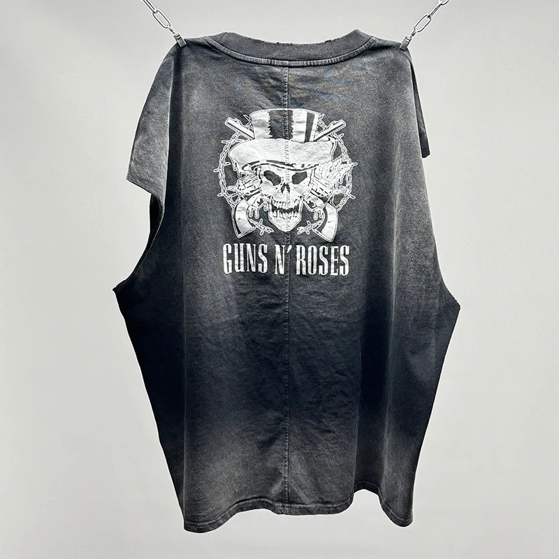 Hip Hop Vintage Washed Black Damaged Hole Tank Men Women Top Quality Cotton Oversized Saint Vest Stitching Sleeveless T Shirt
