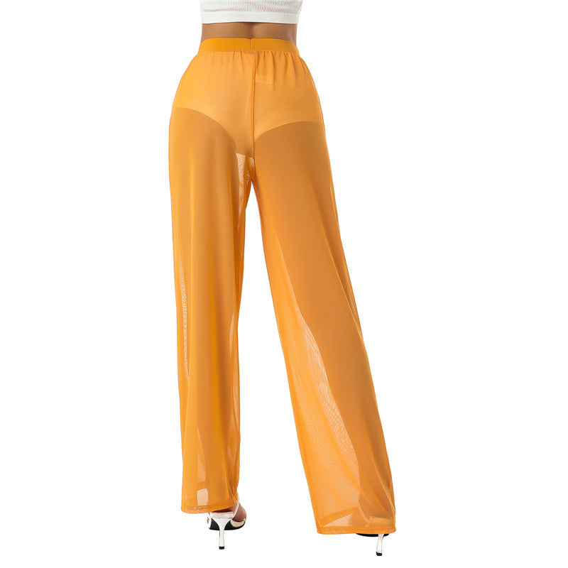 Women See Throug Mesh Cover up Pants Swimsuit Bikini Bottom Cover up Elastic Waist Loose Wide Leg Long Palazzo Pants Trousers