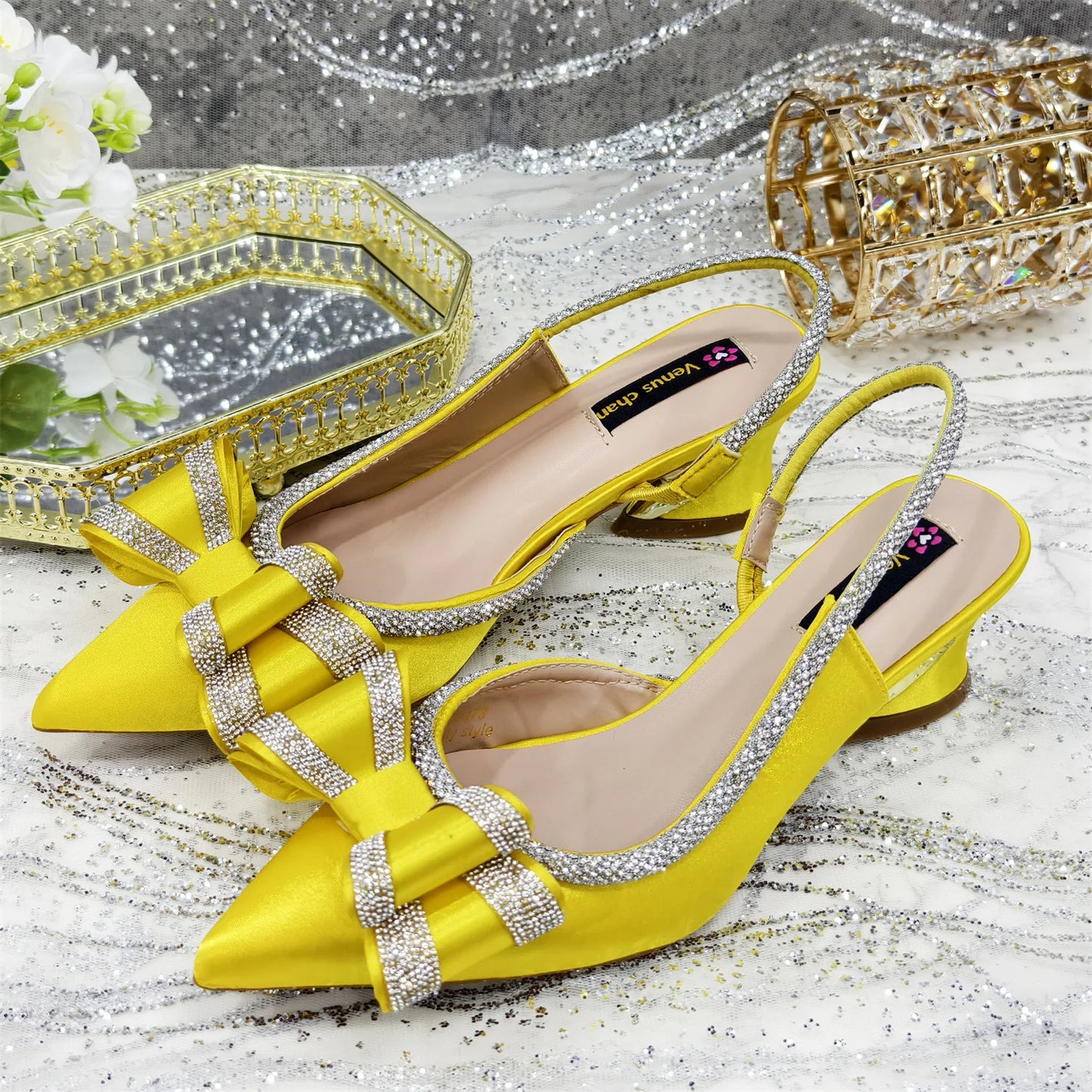 Venus Chan Italy Design 2025 New INS Shoes and Bag to Match Wine Colour Pointed-Toe Rhinestone Bow Party Women's High Heels