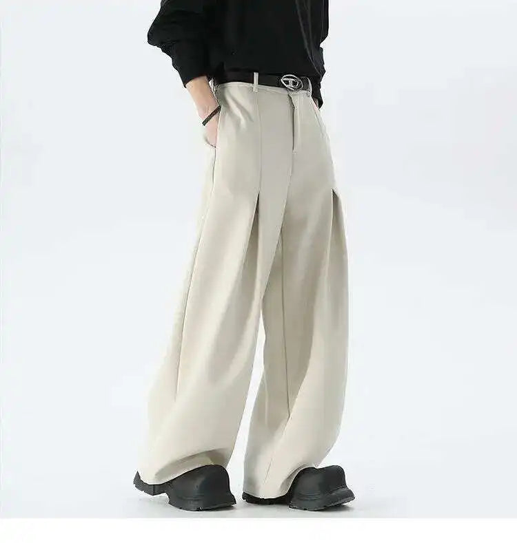 IEFB Pleated Design Men's Suit Pants Casual Solid Color American Style Bottom Drape Straight Wide Leg Male Trousers Simple 9W717