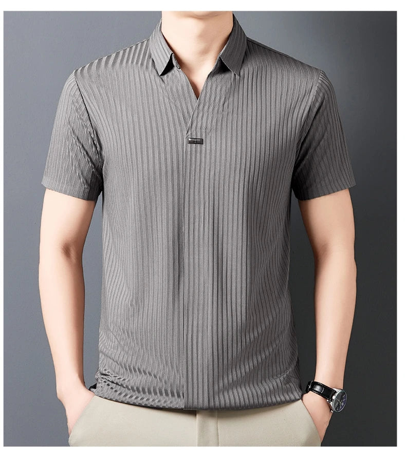 High quality personality texture stripe short sleeve polo shirt summer ice silk breathable buttonless men's solid color T-shirt