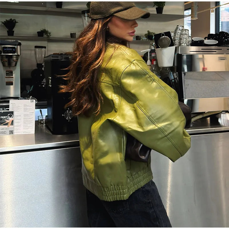 PU Leather Jacket For Women Zipper Turn-down Collar Loose Fashion Coat Luxury Brown 2025 Spring Street Motorcycle Overcoat Top
