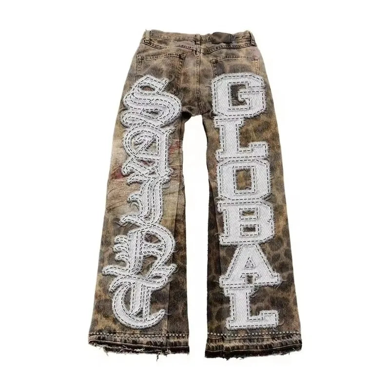 Gothic Retro Leopard Print Pattern Mens Clothes Y2k Two Piece Set Zipper Jacket Ripped Jeans Tracksuit Men Patchwork Streetwear
