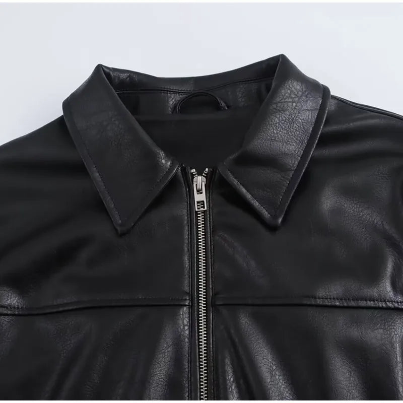 PU Leather Jacket For Women Zipper Turn-down Collar Loose Fashion Coat Luxury Brown 2025 Spring Street Motorcycle Overcoat Top