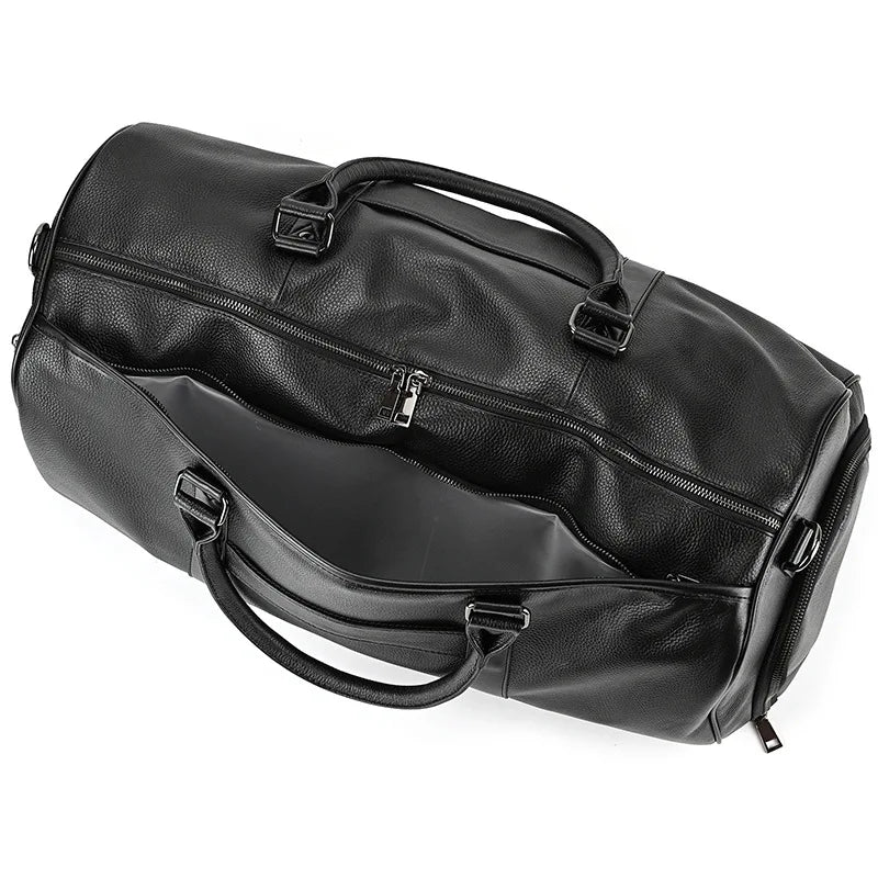 Sac de voyage en cuir véritable de grande capacité pour hommes et femmes, en cuir de vache noir souple, polochon de voyage décontracté, grand sac à bandoulière pour week-end