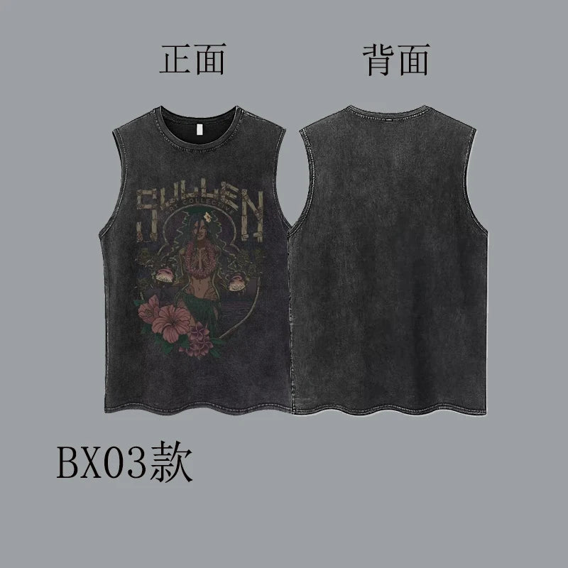 100% Cotton Hiphop Washed and Old Sleeveless T-shirt Men's Trendy Hip-hop Outer Wear Loose Sports Vest