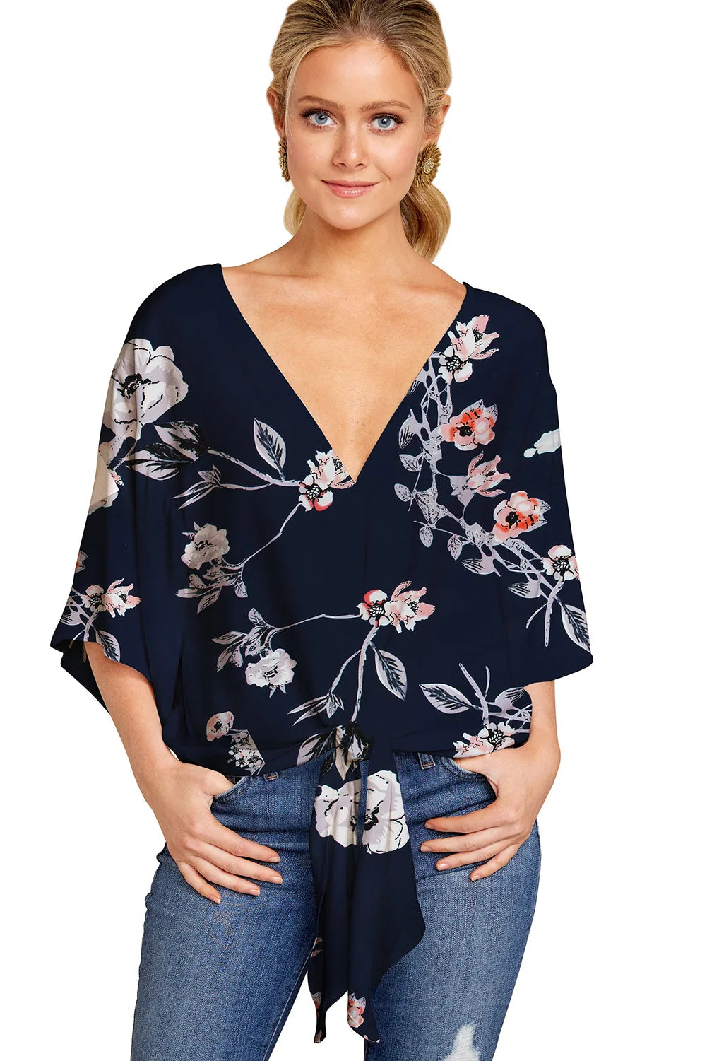 Spring Summer 2024 New Women's Shirt Sexy V-neck Short Sleeved Fashionable Printed Knot Printed  Sleeve Top