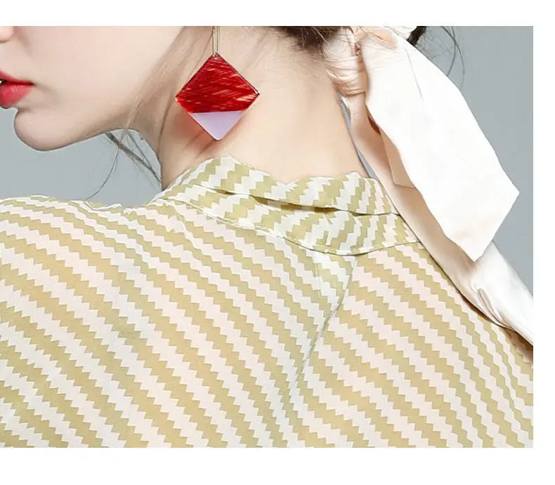 Spring Summer Women Chiffon Shirt Stripe Loose Long Sleeve Bow Office Fashion Urban Cardigan Elegant Women's Blouses 2022 5XL