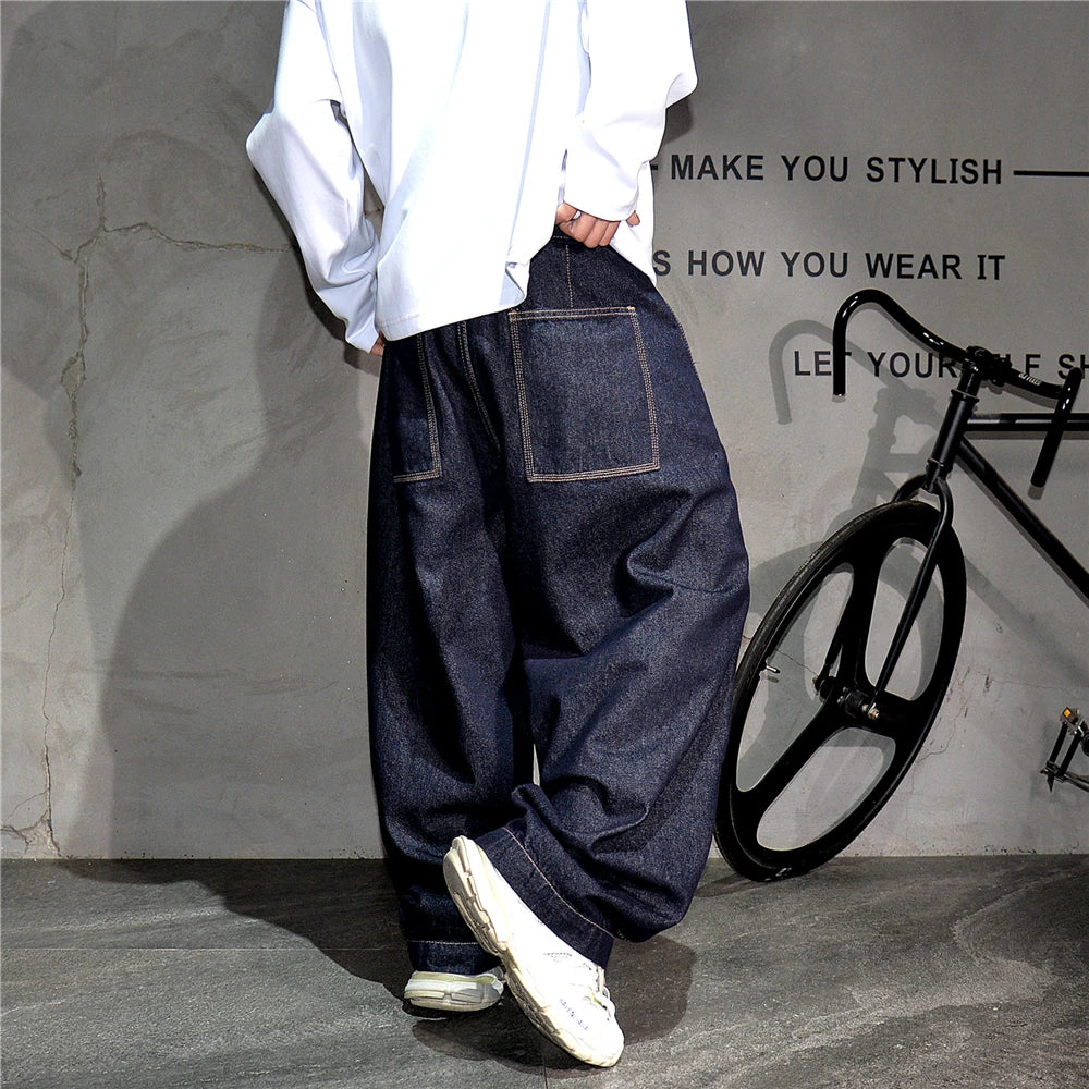 Mens American High Street Baggy Jeans Navy Blue Premium Denim Wide Leg Straight Loose Fit Korean Streetwear Trendy Pants Male