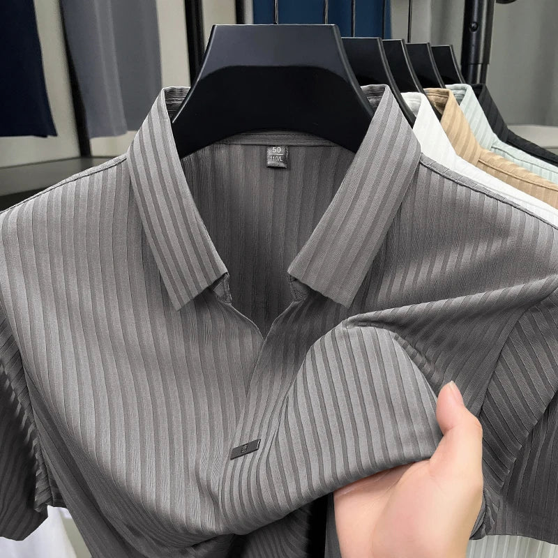 High quality personality texture stripe short sleeve polo shirt summer ice silk breathable buttonless men's solid color T-shirt