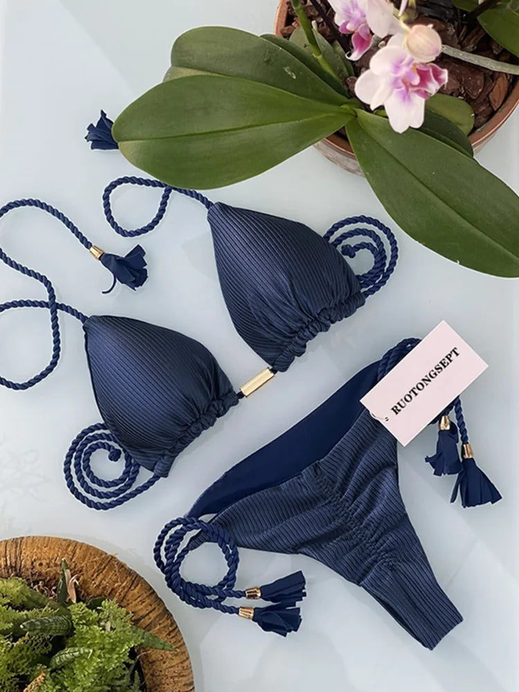 Women Bikini Rope Triangle Swimsuit Multicolor Sexy Low Waisted Bikini Set Swimsuit Swimwear Women BeachwearBrazilian biquini