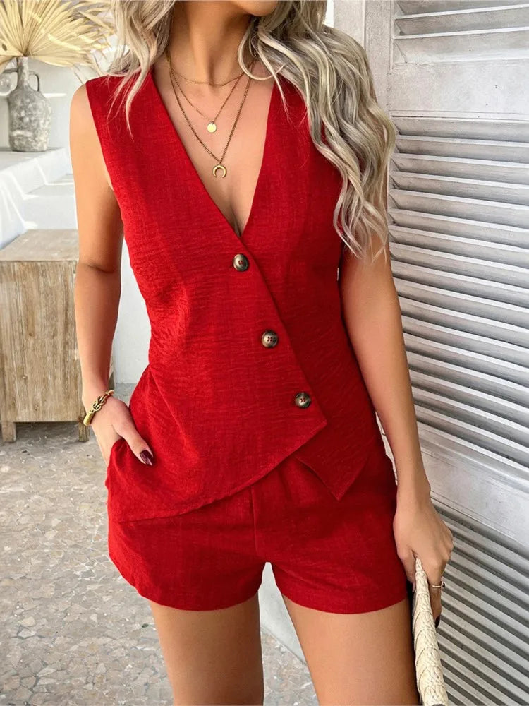 Fashion V-neck Asymmetrical Single-breasted Lady Waistcoat Two-piece Set Spring Summer New Casual Elastic Waist Women Shorts Set