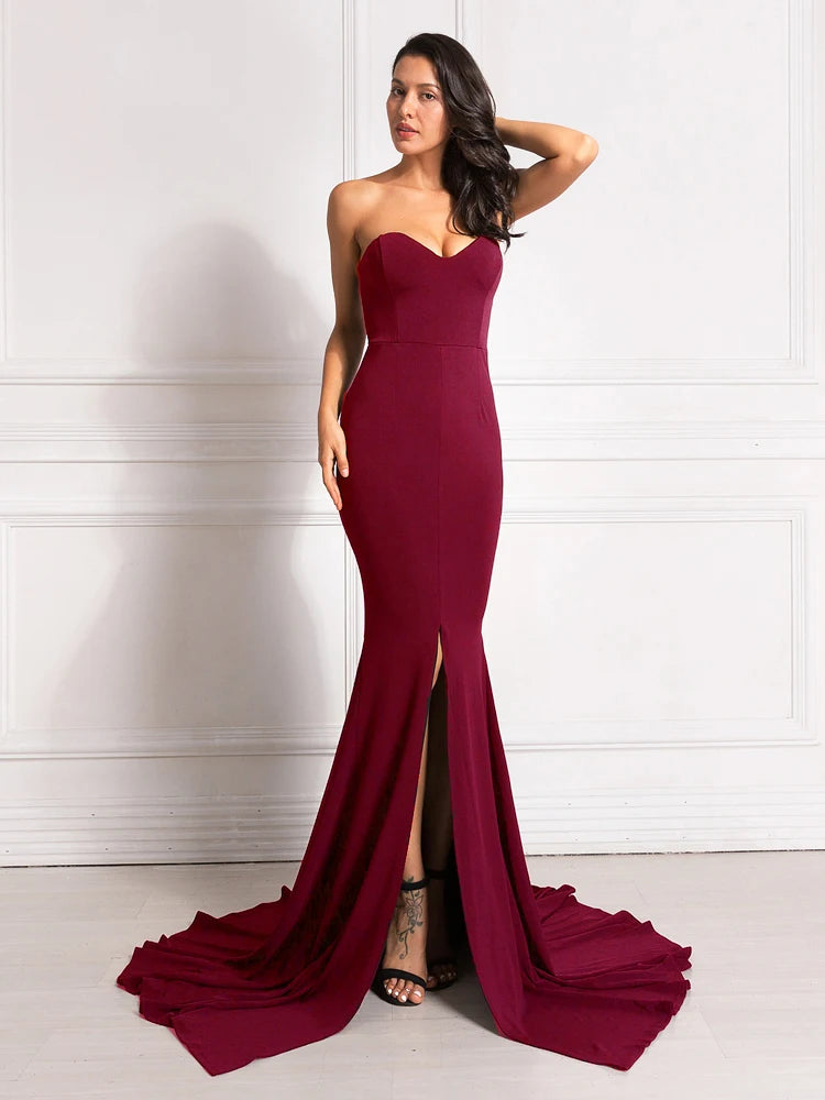 Robe maxi longue sans bretelles pour femme, robe de soirée sexy, robe de nuit d'été, robes de soirée ALTERS, fente avant, rouge nu initié