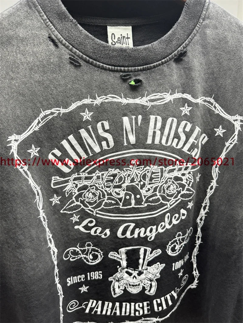 Vintage SAINT Guns N Roses Washed T-Shirts High Quality Dirty Soil Spray Hand Worn Tank Top T Shirt Tee Tops