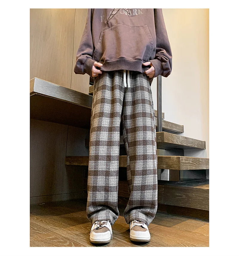 New Y2K Vintage Plaid Baggy Pants Men's High Street Woolen Straight-leg Trousers Autumn Korean Fashion Hip Hop pantalones hombre