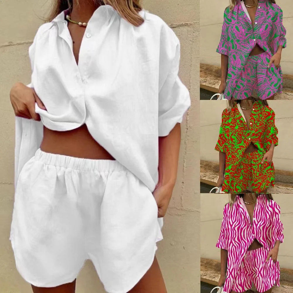 2024 new European and American clothing single-breasted lapel short-sleeved shirt two-piece set wide-leg pants lace-up shorts
