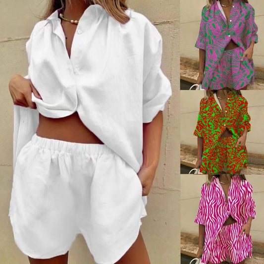 2024 new European and American clothing single-breasted lapel short-sleeved shirt two-piece set wide-leg pants lace-up shorts