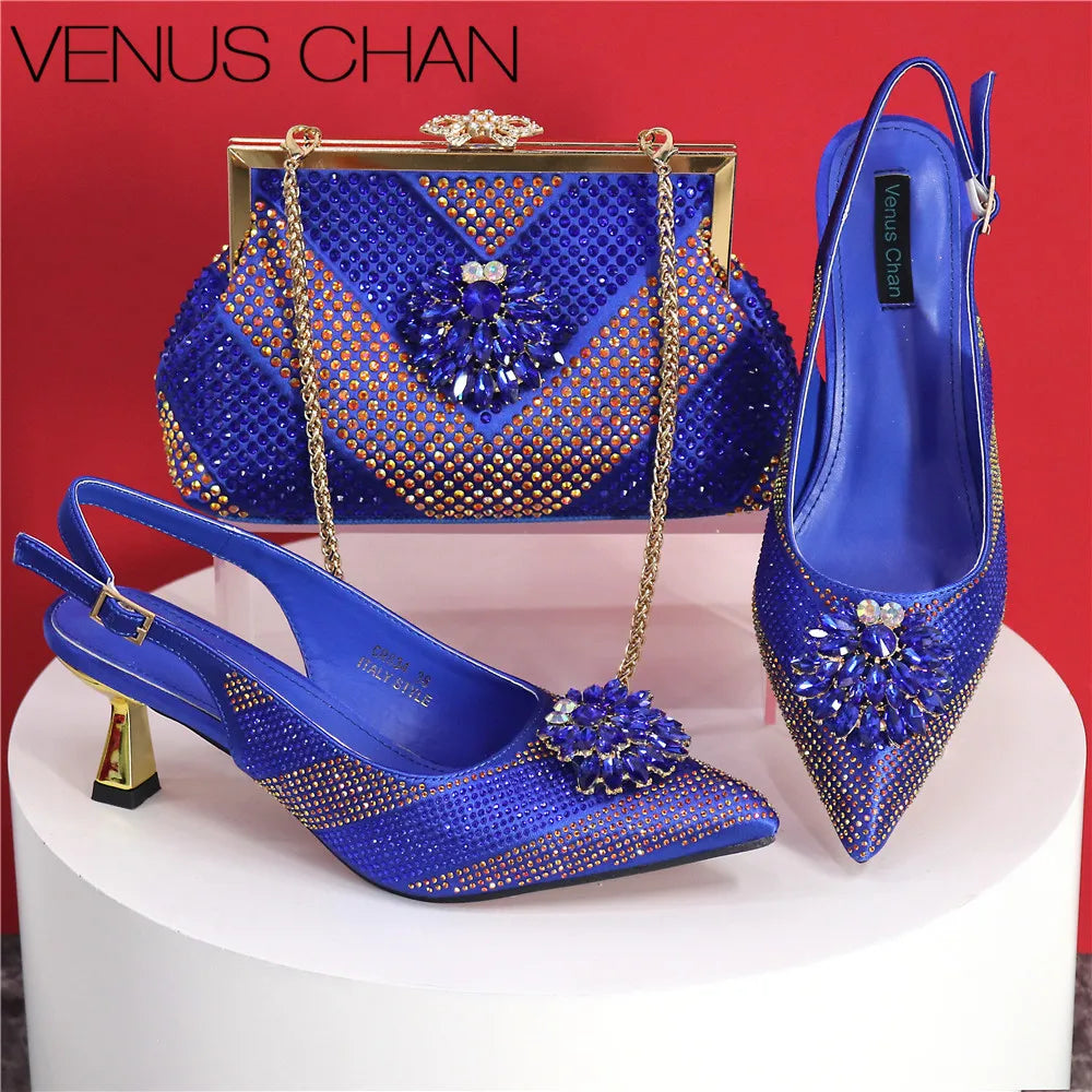 Newest Arrivals Special Design Silver Color African Women Shoes and Bag Set Pointed Toe Pumps for Wedding Party